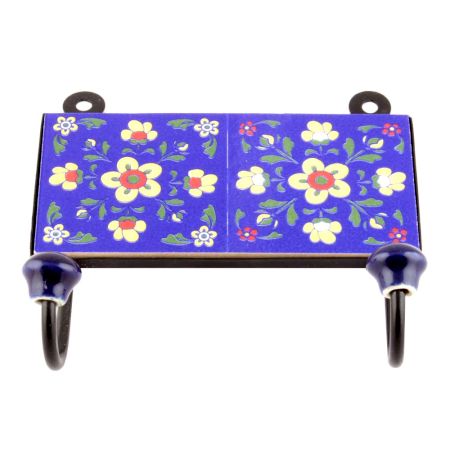 Navy Blue And Yellow Tiny Flower Ceramic Tiles Hooks